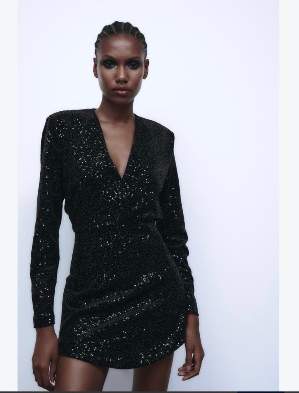 NWT Zara Black Sequin Mini Dress M Padded Shoulder Long Sleeve Party Cocktail